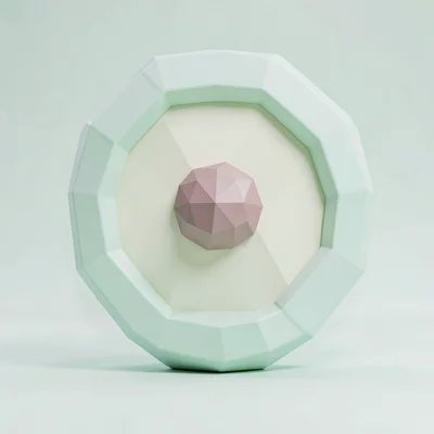 Bossed cream lowpoly buckler with a chunky mint outer ring and a faceted dusty-p