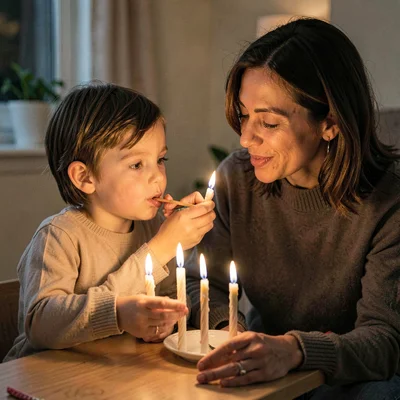 Soft-lit portrait of a parent helping a child blow out birthday candles, lamplit