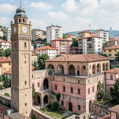 Historical layers visible simultaneously in Plovdiv, Bulgaria, Ottoman clock tow