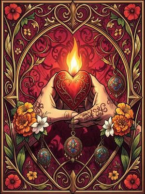 Two hands exchanging a burning heart-shaped candle, the flame casting ornate sha