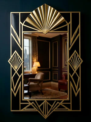 A vanity mirror frame in gold and black, with fan and chevron motifs, the mirror
