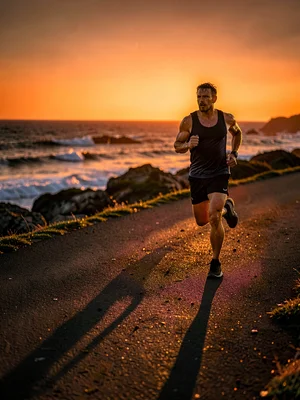 Runner on coastal path, sweat on skin turning to gold, ocean behind them burning