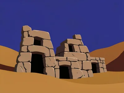 Chambered stone ruin nests in an ochre canyon floor beneath a deep lapis sky, ha