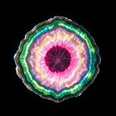 Tourmaline crystal cross-section showing pink center fading to green rim (waterm