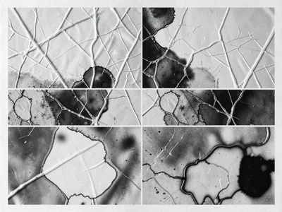 A chemigram made with crumpled plastic resist — irregular chemical reaction zone