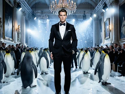 Penguin colony in matching tuxedo bowties, formal event, ice ballroom