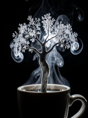Steam from a coffee cup forming a transient fractal tree, extreme macro, focused