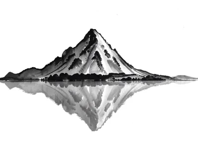 Lone mountain peak reflected in perfectly still water, horizon barely visible