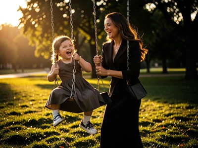Mom pushing child on swing in park, both laughing, golden hour