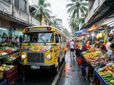 Wet market aisle with flash shadows