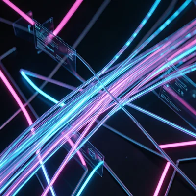 Close-up of fiber optic cables glowing with blue and pink light