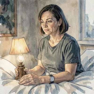 A focused Latina end-of-life doula in her forties holding a steady hand at a bed