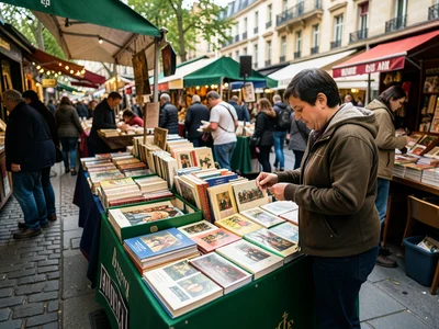 A book market along the Seine in Paris, the green box stalls open to show old pr