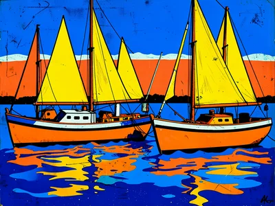 Harbor boats in flat complementary stripes — orange hulls, blue water, yellow sa