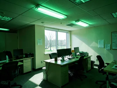 Office interior in green-tinted fluorescent lighting