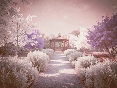 Botanical garden path lined with low silver hedges leading to a peach gazebo at 