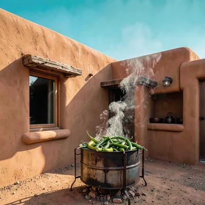 Santa Fe adobe warmth, high desert light clarity, Fresh green chile peppers roas