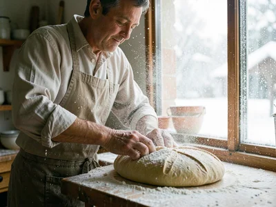 Baker shaping sourdough by flour-dusted window, airborne particles like snow