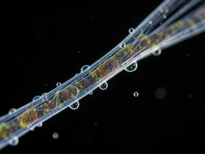 Spider silk strand under dark-field microscopy, glowing thread on dark backgroun