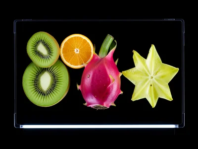 Cross-section slices of various fruits arranged on scanner glass, kiwi, orange, 