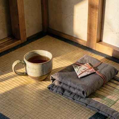 Cozy still life of a tea cup and a folded furoshiki on a tatami corner, warm aft
