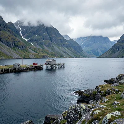 Icelandic isolation, Westfjords remoteness, Fishing hut on stilts, empty harbor,
