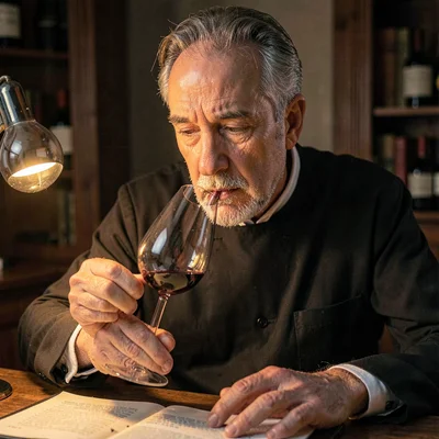 Lamp-lit portrait of a senior sommelier nosing a glass at a study table, warm di