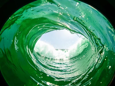 Inside a breaking barrel wave — green glass wall curving overhead with spray-lit