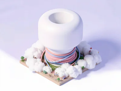 Floating isometric island shaped like a giant rounded plug, cables coiling benea