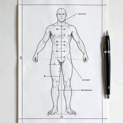 Vertical blueprint of a full-body posture chart with annotation glyphs along the