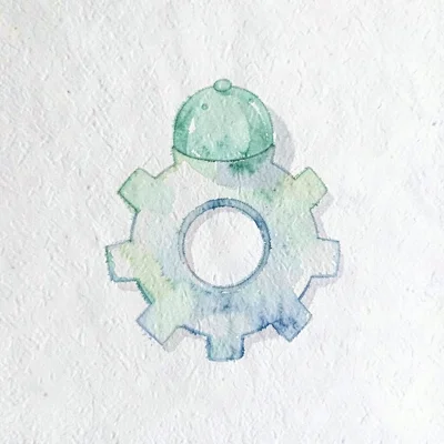small abstract gear-and-belt shape combination with a single mint cap on top, ge