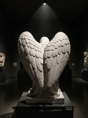 A marble angel wing, one massive wing seen from behind, each feather carved indi