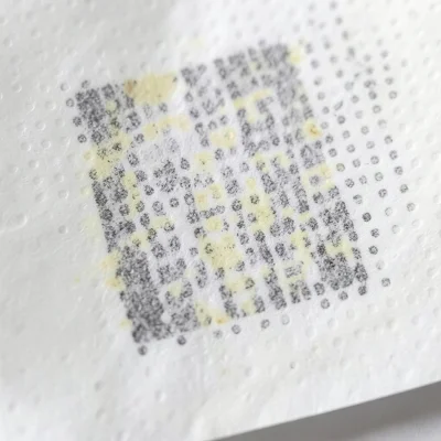 Thermal paper extreme closeup, individual micro-capsules of leuco dye visible as