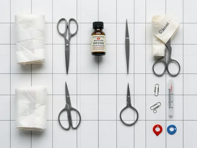 Contents of a vintage first-aid kit: rolled bandages, iodine bottle, scissors, t