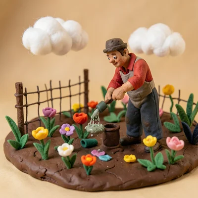 A tiny felt and clay garden scene: a clay gardener watering plasticine flowers, 