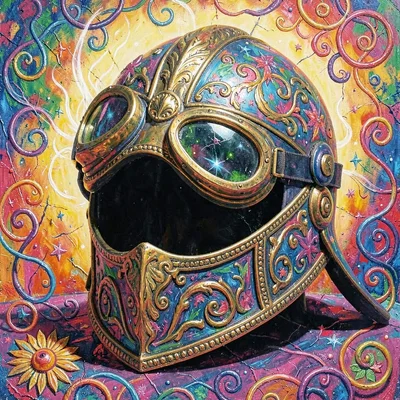 Ornate prop study of a brass-trim helmet with goggles strapped over the visor