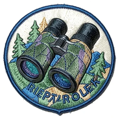 Embroidered patch illustration, Birdwatching binoculars , merit badge aesthetic,