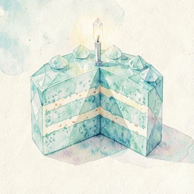 Cut aquamarine lowpoly slice of birthday cake with stacked faceted layers and a 