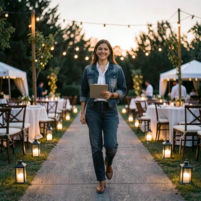 Vertical portrait of a planner walking a venue at dusk with a clipboard, lantern