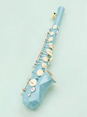 Reedy sky-blue lowpoly clarinet with cream key pads and a tiny butter-yellow lig