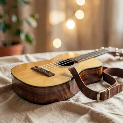 Soft warm tabletop of a finished mandolin and matching strap on warm linen, gent