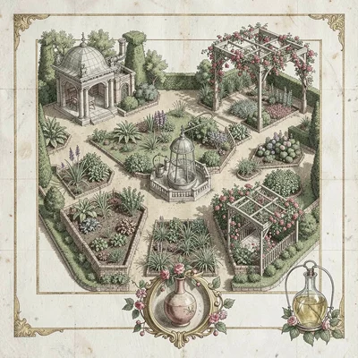 A Renaissance fictional perfumery-garden plan with herb beds, distillation pavil