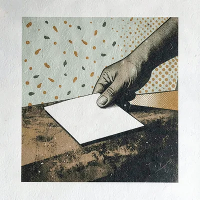 Bold screenprint design of a hand placing a card on a counter with halftone conf