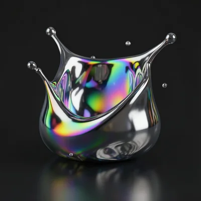 Iridescent oil-slick chrome blob, rainbow color shifting across curved surface l