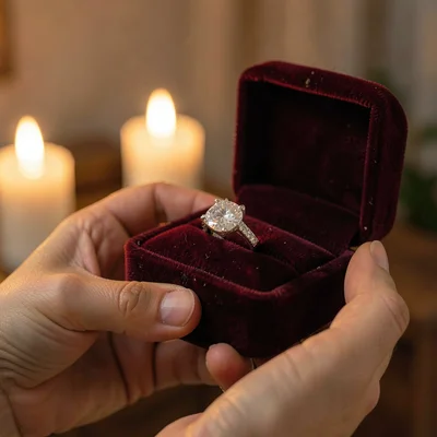 Warm vertical hero of a hand offering a finished engagement ring in a velvet box