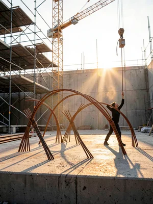 Rebar Arabesque — Curved Steel on Concrete