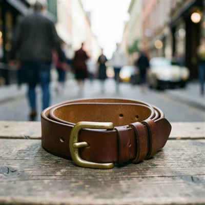 Quality leather belt coiled on wooden surface, brass buckle catching light