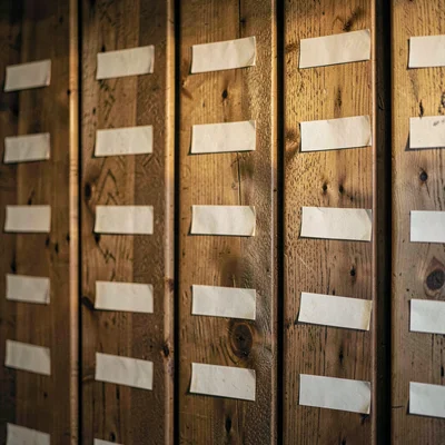 Atmospheric of a back wall lined with wooden lasts, each labeled with a small pa