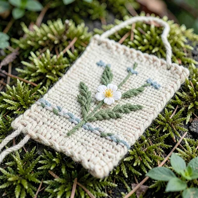 Botanical study of a hand-woven panel resting on a bed of moss