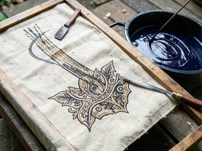 A cloth stretched on a frame with parang lines half-drawn, wax and copper tool r